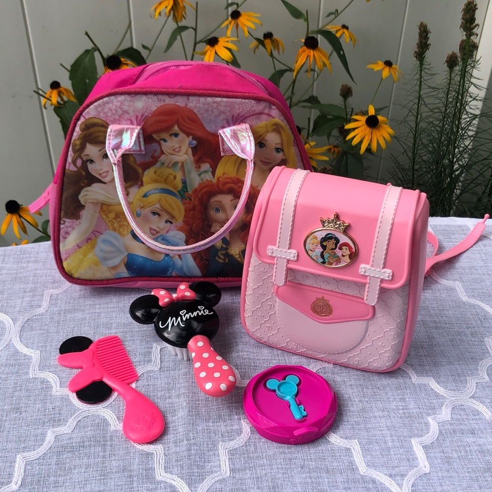 DISNEY PRINCESS purses & play backpack lot of 2 pink with Ariel Jasmine & more